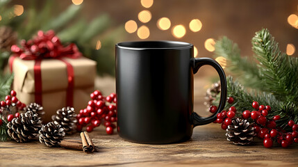 Holiday Mug, Gift, Pine Cones, Cinnamon Adorn Festive Table Setting Beautifully