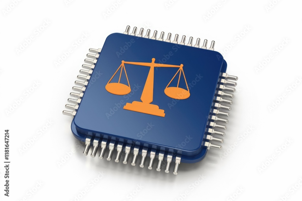 Poster scales of justice on a microchip symbolize digital law and ai ethics.