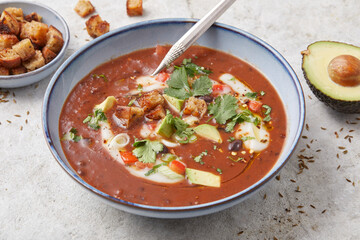 Black Bean Soup with Avocados and Croutons