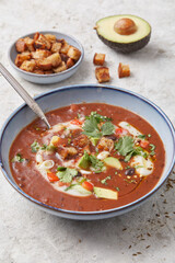 Black Bean Soup with Avocados and Croutons