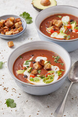 Black Bean Soup with Avocados and Croutons