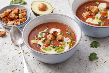 Black Bean Soup with Avocados and Croutons