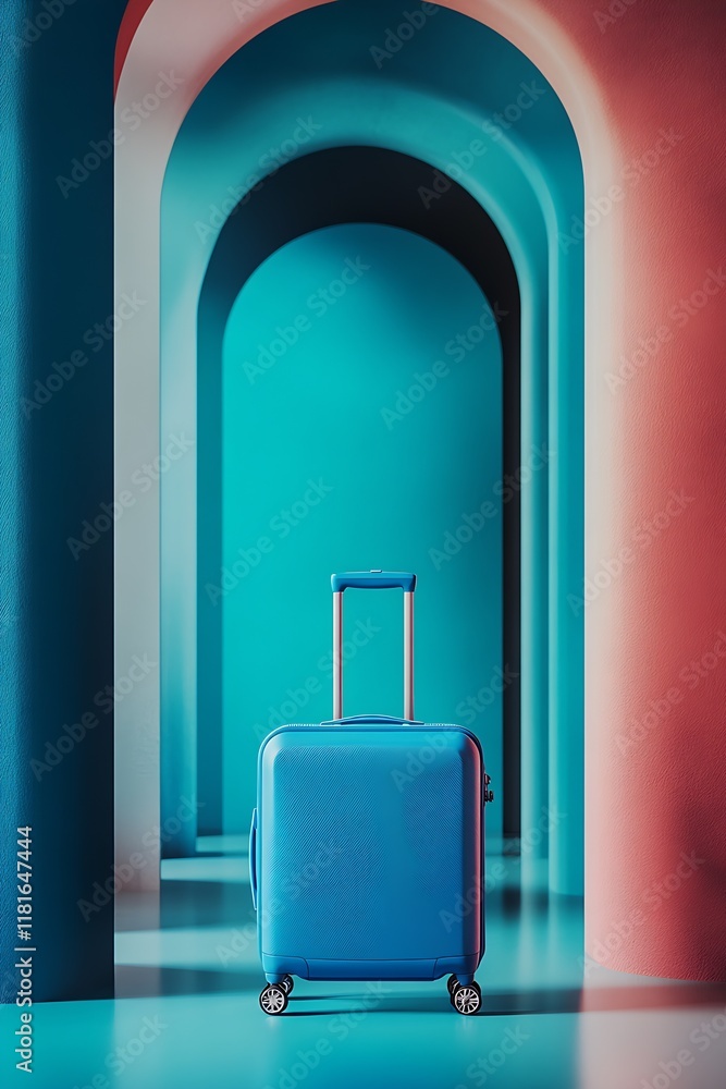 Aufkleber elegant blue suitcase in modern architectural colorful corridor : generative ai
