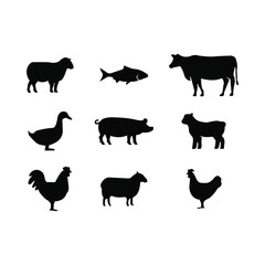 Collection of the different farm animals, A series composed of black silhouettes.