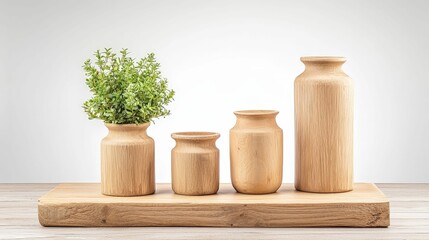 forestry industry concept. Decorative wooden vases with a plant on a rustic table.