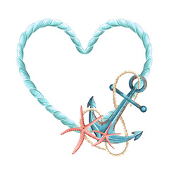 Frame from rope in heart shape with anchor and starfishes. Hand drawn watercolor illustration isolated. Marine border with copy space. Romantic wreath. Nautical template for Valentine, card, textile. © susie_p_art