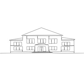 School building, kindergarten, university, college building one line art. Continuous line drawing of online learning, education, knowledge, school furniture