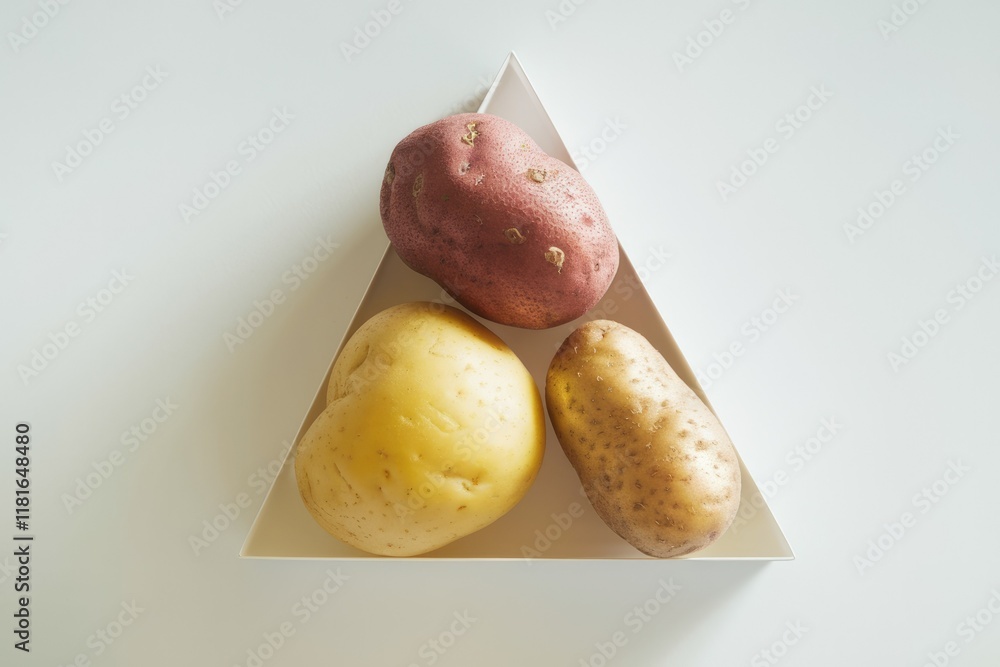 Poster Three potatoes of varying colors and shapes rest in a white triangular container.