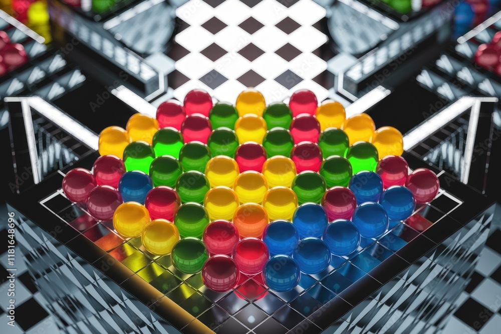 Poster colorful spheres arranged on a grid, resembling a game board within a futuristic, reflective setting