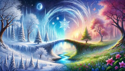 Obraz premium A Serene Horizontal Fantasy Painting Depicting a Bridge Between Winter and Spring's Vibrant Worlds