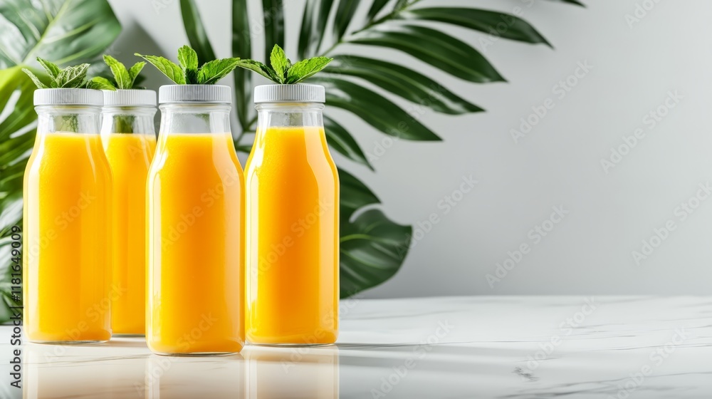 Aufkleber glass bottles of refreshing mango juice adorned with fresh mint leaves resting on a marble table bes