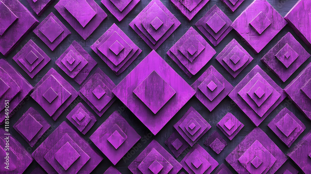 Poster many symmetrical purple rhombuses and squares on a black background. bright abstract pattern of geom