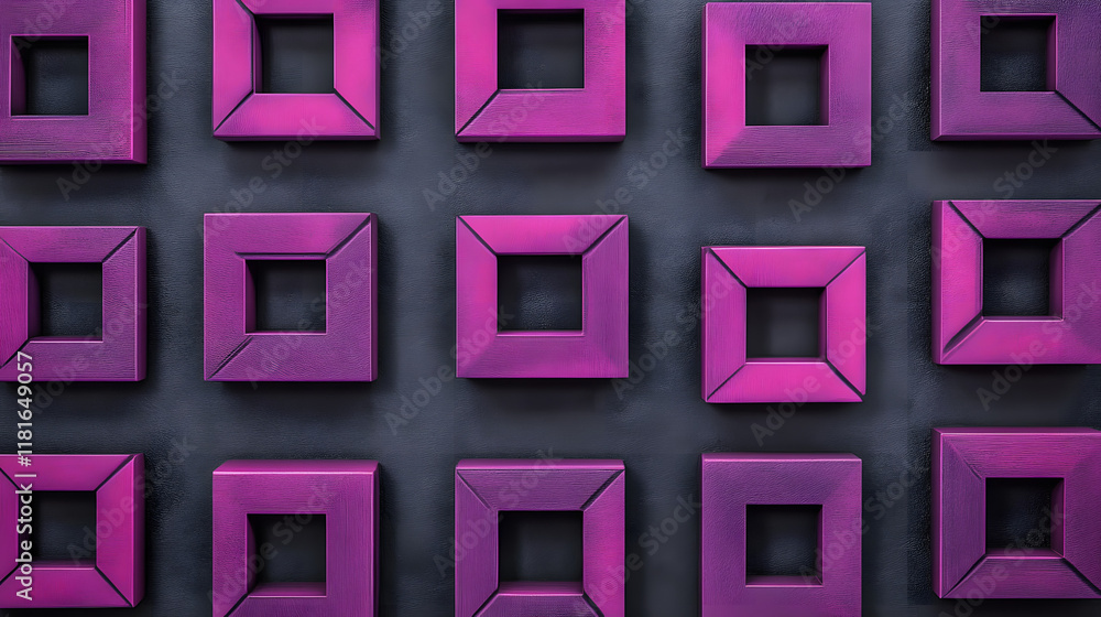 Poster many symmetrical purple rhombuses and squares on a black background. bright abstract pattern of geom