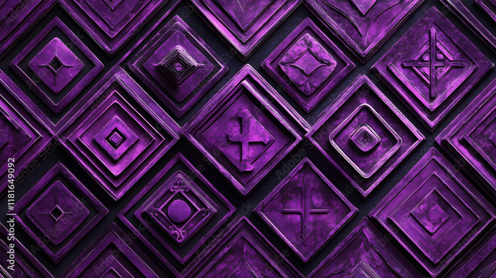 Poster many symmetrical purple rhombuses and squares on a black background. bright abstract pattern of geom