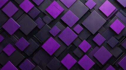 Fototapeta premium Many symmetrical purple rhombuses and squares on a black background. Bright abstract pattern of geometric carved and fancy shapes.