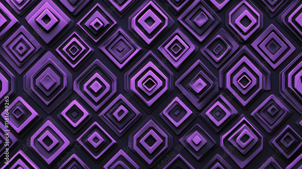 Poster many symmetrical purple rhombuses and squares on a black background. bright abstract pattern of geom