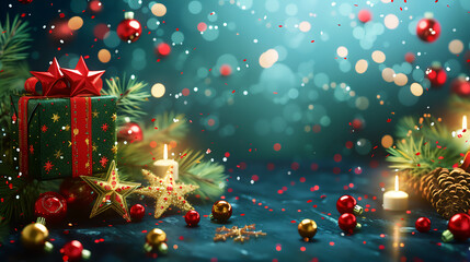 Festive Christmas Illustration with Wrapped Gift, Pine Decorations, and Bokeh Lights for Holiday Season