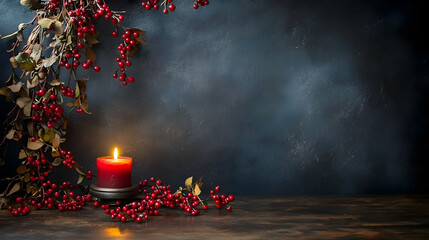 Red Berries and Candle Create Cozy Ambiance Beautifully on Dark Background