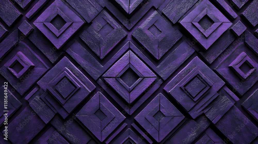 Poster many symmetrical purple rhombuses and squares on a black background. bright abstract pattern of geom