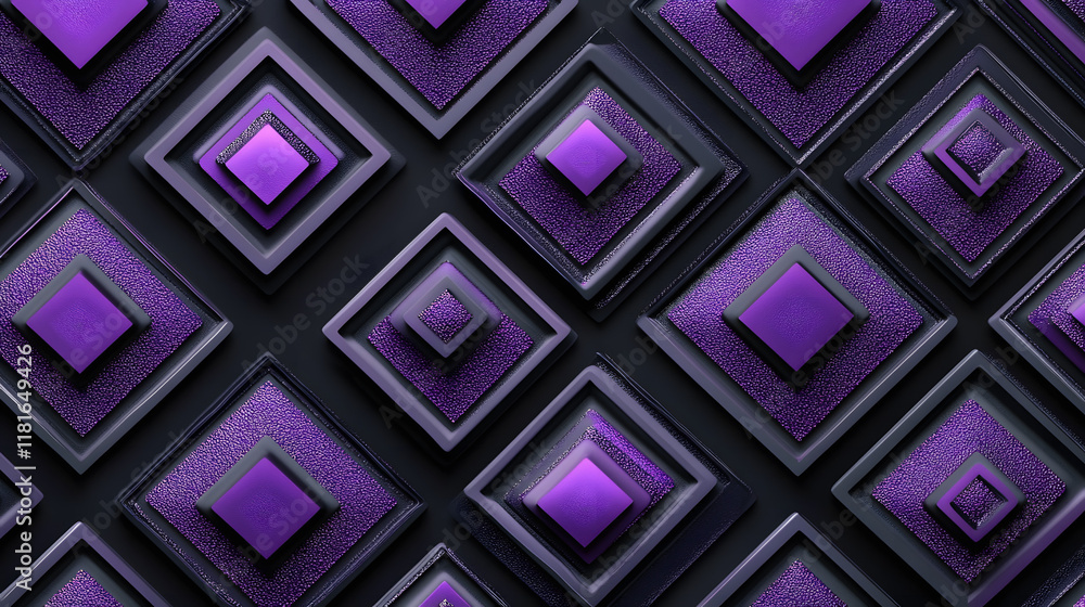 Poster many symmetrical purple rhombuses and squares on a black background. bright abstract pattern of geom