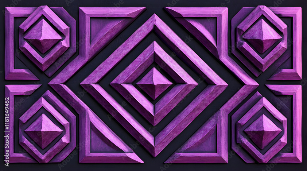 Poster many symmetrical purple rhombuses and squares on a black background. bright abstract pattern of geom