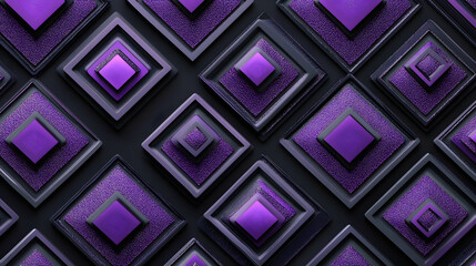 Fototapeta premium Many symmetrical purple rhombuses and squares on a black background. Bright abstract pattern of geometric carved and fancy shapes.
