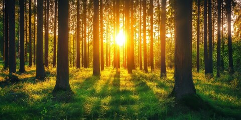 Obraz premium Sunset in a beautiful green forest showcases the stunning golden rays filtering through the tall tree trunks, illuminating the lush green grass below in a captivating summer scene.