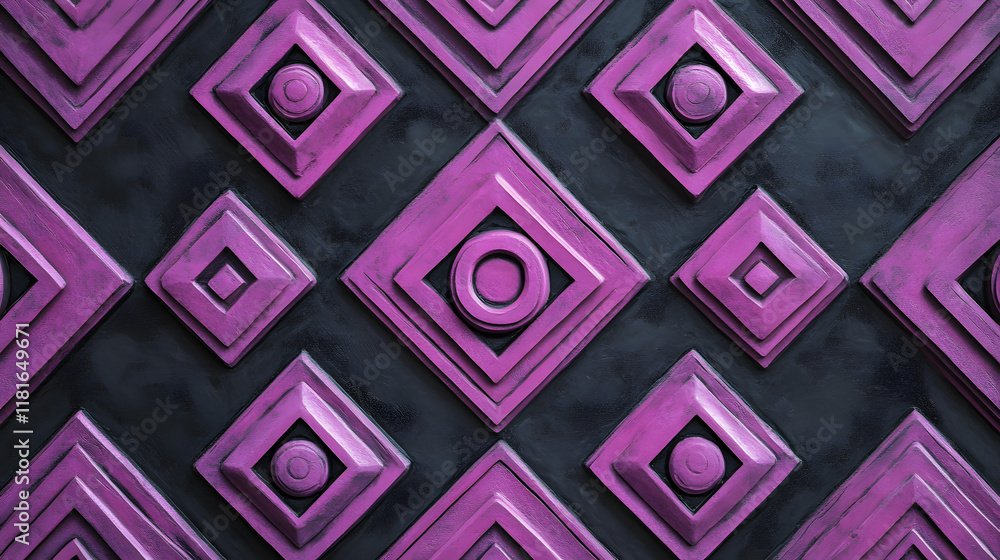 Poster many symmetrical purple rhombuses and squares on a black background. bright abstract pattern of geom