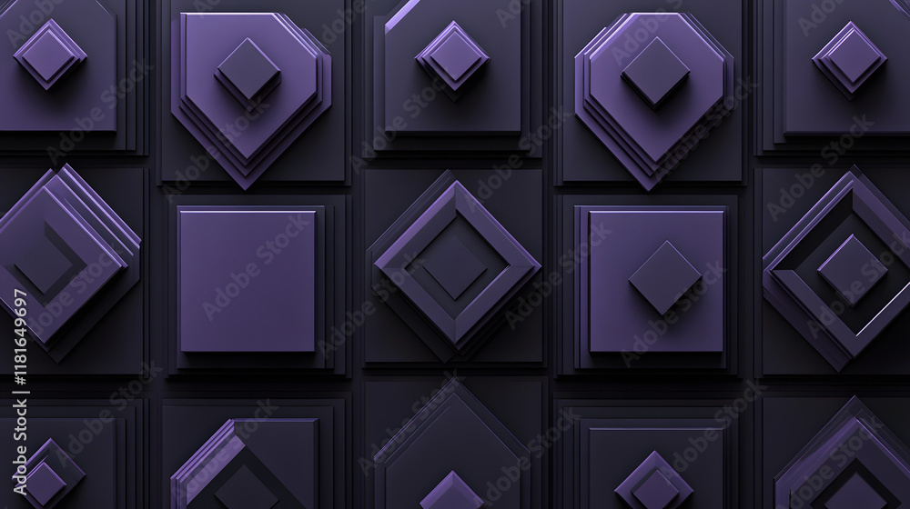 Poster many symmetrical purple rhombuses and squares on a black background. bright abstract pattern of geom