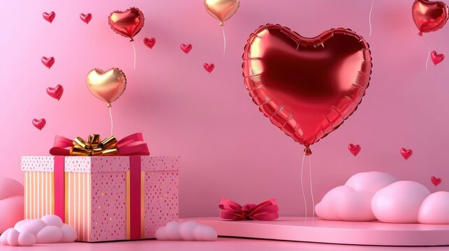 romantic valentines gift, love letters on paper soar with a heart balloon, whimsical gift box and glowing valentines day message, pastel clouds parting