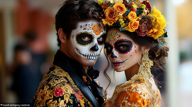 Couple Celebrates Tradition with Vibrant Skull Makeup and Floral Crowns