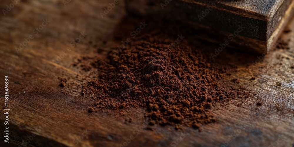 Poster A detailed view of freshly ground coffee rests on a wooden surface, highlighting the rich texture and color of the coffee grounds against the backdrop of wood.