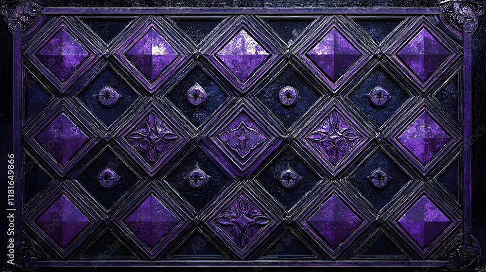Poster many symmetrical purple rhombuses and squares on a black background. bright abstract pattern of geom