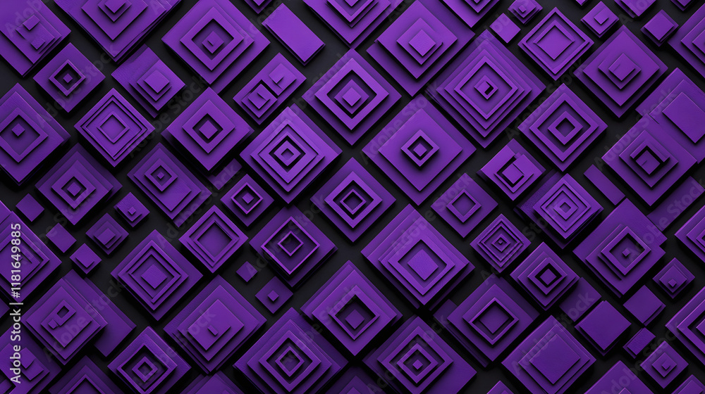 Poster many symmetrical purple rhombuses and squares on a black background. bright abstract pattern of geom