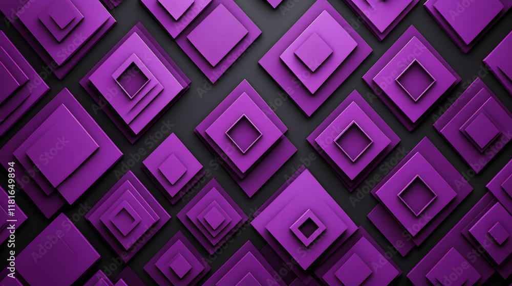 Poster many symmetrical purple rhombuses and squares on a black background. bright abstract pattern of geom