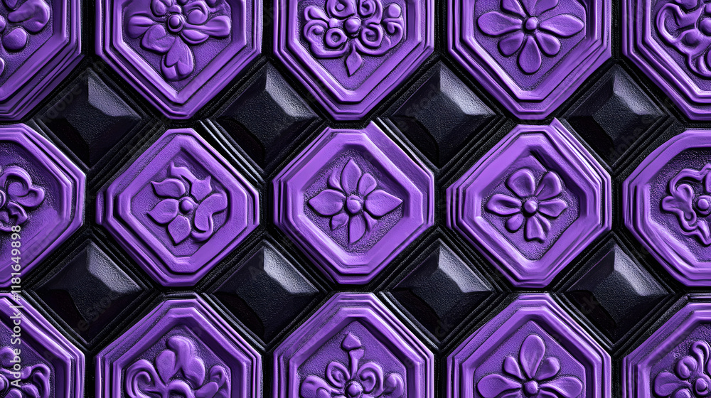 Poster many symmetrical purple rhombuses and squares on a black background. bright abstract pattern of geom