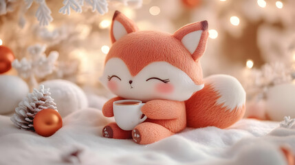 Cute Fox Toy Drinks from a Cup with Winter Holiday Cheer