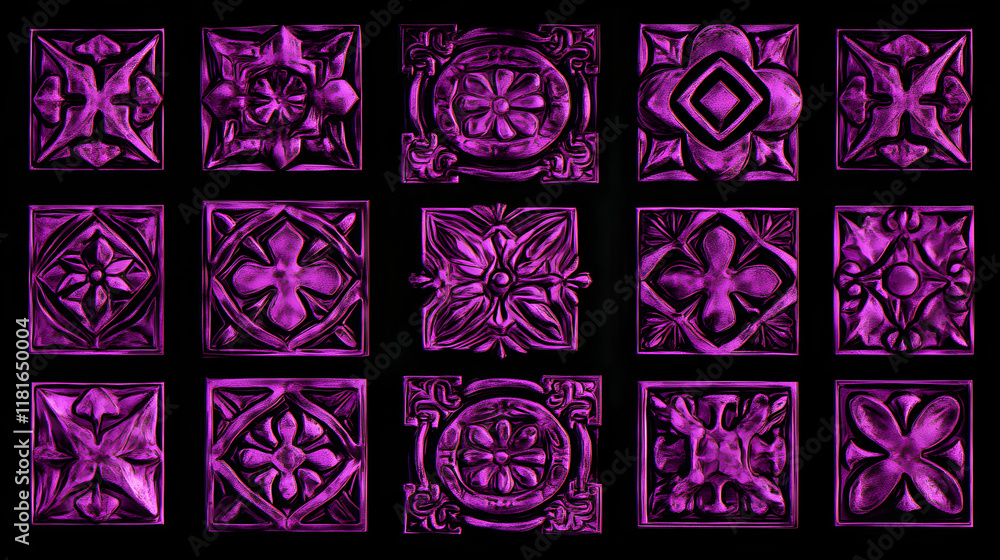 Poster many symmetrical purple rhombuses and squares on a black background. bright abstract pattern of geom