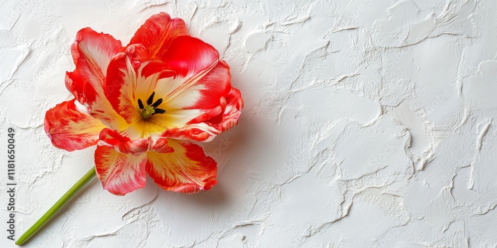 Poster vibrant double tulip captured from above, showcasing a pattern of shades on textured white stucco. t