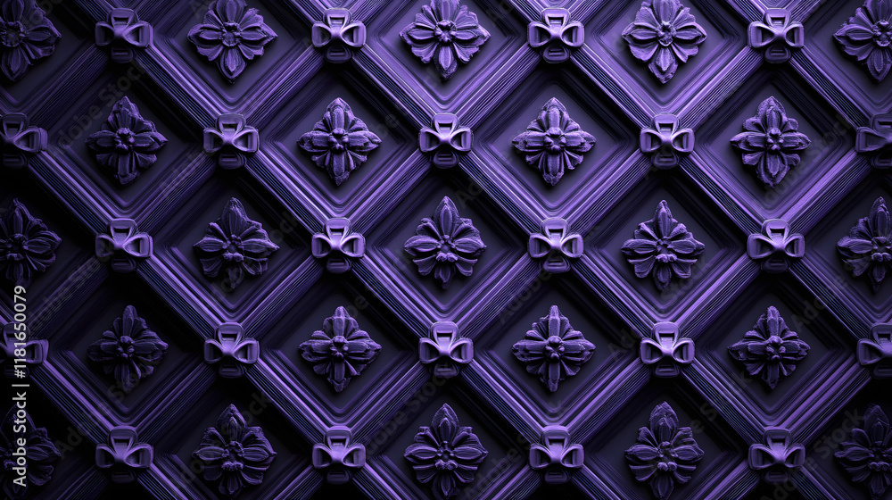 Poster many symmetrical purple rhombuses and squares on a black background. bright abstract pattern of geom