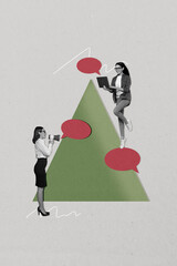 Vertical poster collage young businesswoman textbox message speech communication pyramid management...