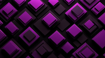 Fototapeta premium Many symmetrical purple rhombuses and squares on a black background. Bright abstract pattern of geometric carved and fancy shapes.