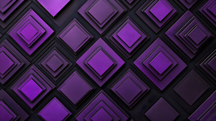 Fototapeta premium Many symmetrical purple rhombuses and squares on a black background. Bright abstract pattern of geometric carved and fancy shapes.