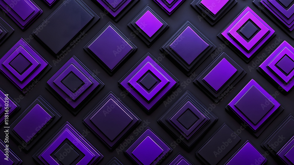Poster many symmetrical purple rhombuses and squares on a black background. bright abstract pattern of geom