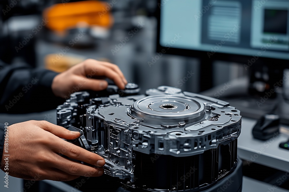 Fototapete Assembly Technician Handling High Precision Automotive Transmission Component in Advanced Factory : Generative AI