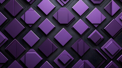 Fototapeta premium Many symmetrical purple rhombuses and squares on a black background. Bright abstract pattern of geometric carved and fancy shapes.