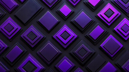 Fototapeta premium Many symmetrical purple rhombuses and squares on a black background. Bright abstract pattern of geometric carved and fancy shapes.