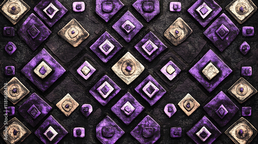 Poster many symmetrical purple rhombuses and squares on a black background. bright abstract pattern of geom