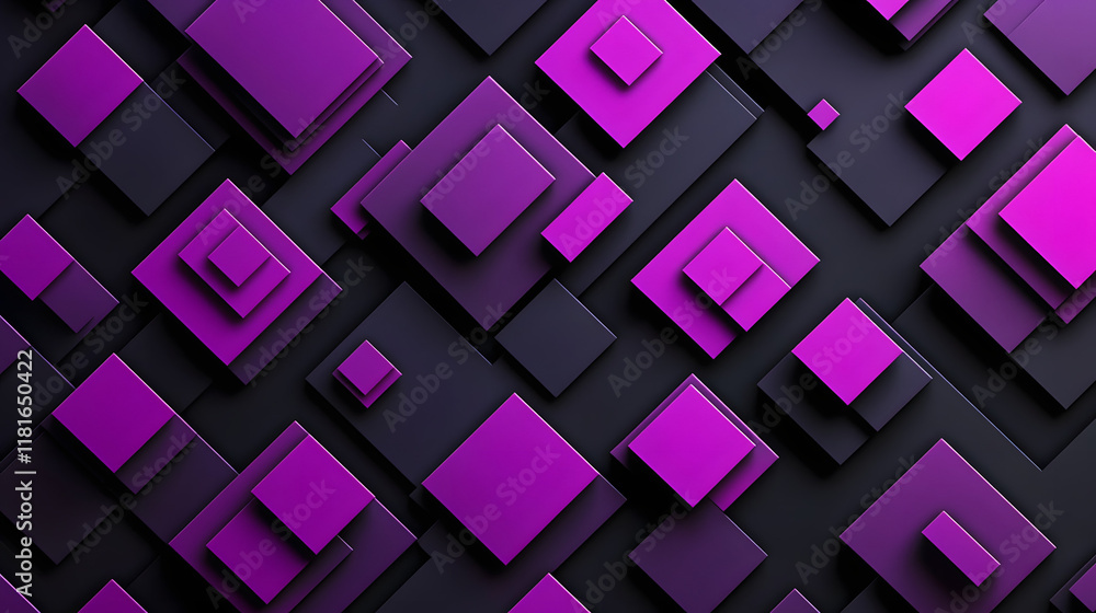 Poster many symmetrical purple rhombuses and squares on a black background. bright abstract pattern of geom