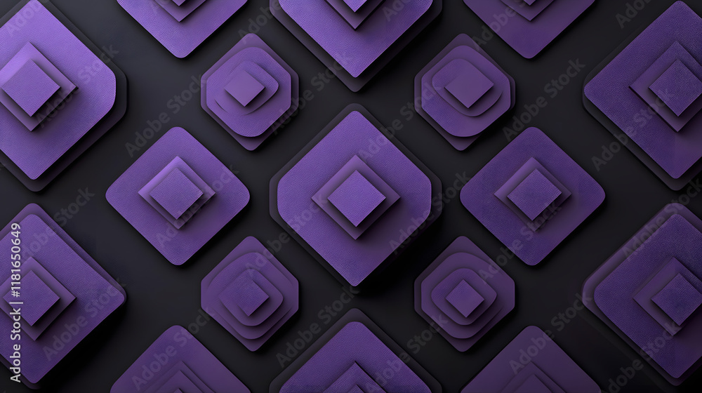 Poster many symmetrical purple rhombuses and squares on a black background. bright abstract pattern of geom